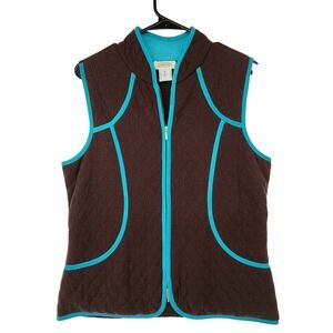 Talbots Quilted Vest‎ M Women Brown Aqua Blue Pocket Silk Wool Equestrian Riding
